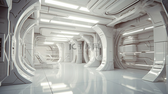 白色科幻背景图片_现代科幻建筑室内 3D 渲染