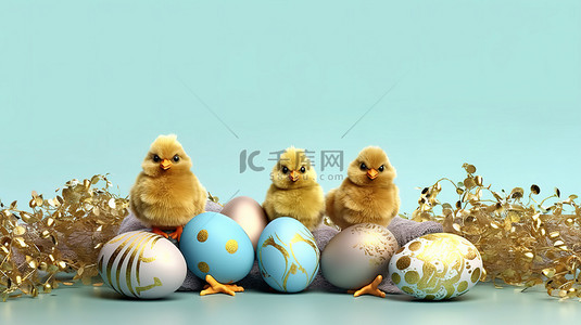春节彩蛋背景图片_3D 复活节渲染，以鸡蛋和鸡为特色，用于横幅或贺卡