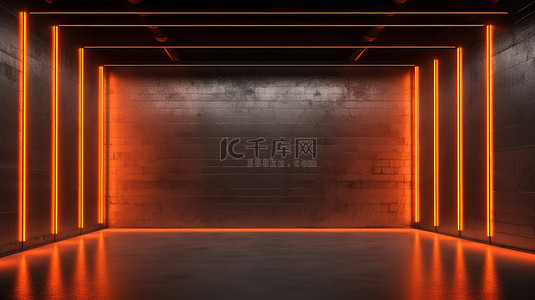 3D 渲染橙色霓虹灯照亮空荡荡的房间与混凝土墙