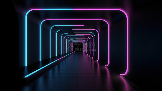 光滑的黑色背景与抽象的蓝色和粉红色走廊灯在 3D 渲染中