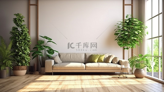 阳光明媚的客厅的 3D 插图，配有绿色沙发盆栽植物和木地板
