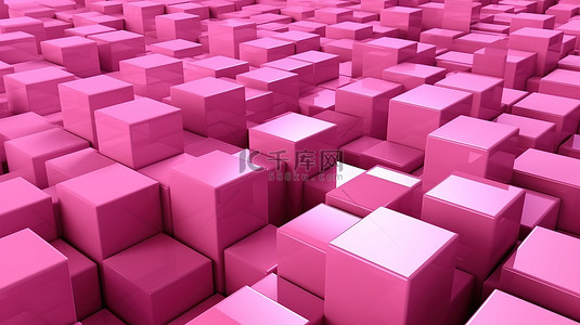 3D 抽象插图中重叠粉色方块的透视图