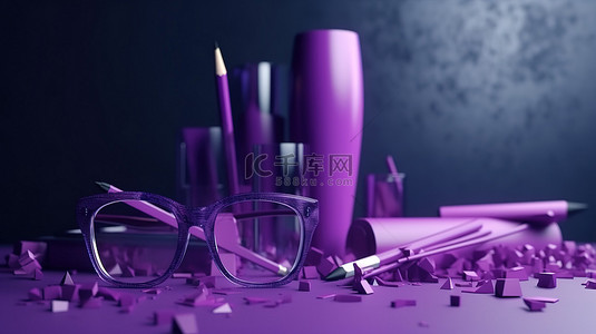 具有紫色和紫色抽象背景眼镜和笔的空白纸的 3D 渲染