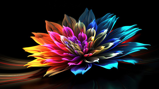 黑色背景上令人着迷的 3D 花卉幻想，以令人惊叹的色彩发光数字花朵