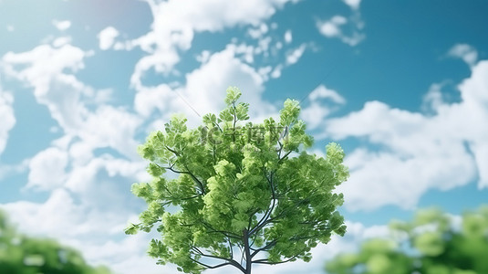 绿色为背景图片_生动的绿色树梢以多云的天空为特色，3D 插图中对自然和景观的令人惊叹的描绘