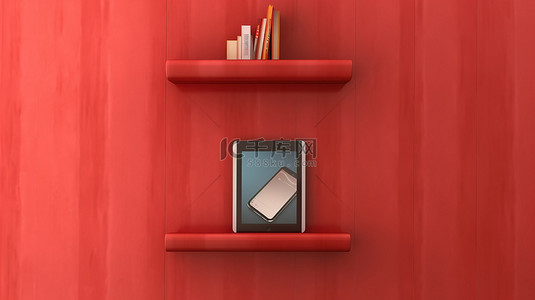 科技手红色背景图片_带有数字平板电脑的红色墙架的 3d 插图非常适合垂直背景横幅