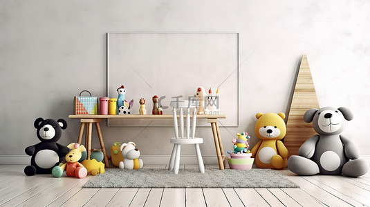 板写背景图片_儿童游戏室的 3D 渲染，配有木凳写板和可爱的毛绒动物