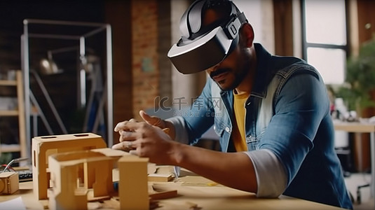 专注的年轻工程师操纵虚拟现实设备在桌上设计 3D 建筑项目