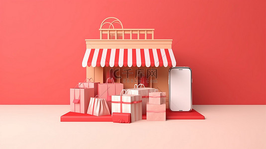 商业购物背景图片_3D 渲染中的数字购物体验智能手机和购物袋