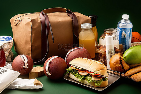 棒球棒背景图片_运动队午餐，带袋足球棒球手套球棒和三明治