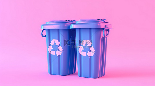 充满活力的粉红色背景上的双色调回收标志和蓝色垃圾桶的 3D 渲染