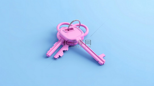 简约纯背景图片_纯蓝色背景上一堆粉色钥匙的简约 3D 渲染图标，用于 ui ux 设计元素
