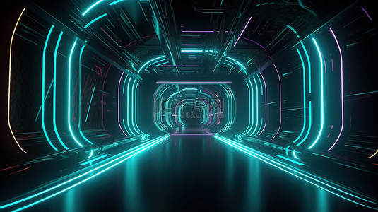 蓝色led背景背景图片_在 3d 抽象背景和空间构造中发光的霓虹灯隧道一个迷人的插图