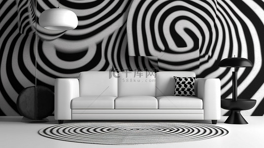 现代单色客厅配有艺术灯现代沙发和纹理地毯 3D 渲染
