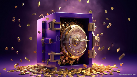 紫色金币背景图片_3D 渲染中的紫色保险箱，里面装满了安全固定的金币和美元符号