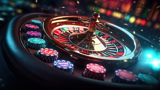 赌场横幅的 3D 插图，以赌博概念为特色，配有老虎机轮盘赌轮四张王牌和硬币