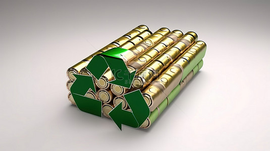 可持续电池回收 3D 渲染可充电电池，白色背景上带有绿色箭头