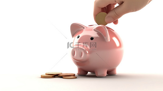 白色背景下一只卡通手将欧元硬币插入存钱罐的 3D 插图