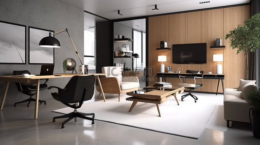 现代科技房子背景图片_现代客厅工作区 3D 渲染，配有舒适的沙发时尚的办公桌和高科技台式电脑