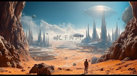 外星大都市遥远星球景观的 3D 渲染