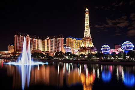 旅游酒店背景图片_拉斯维加斯夜景，埃菲尔铁塔位于中间