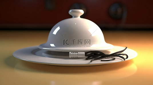 餐饮盘子背景图片_厨师帽 3D 渲染在带有电脑鼠标铃连接的盘子上