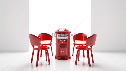 会议商务背景背景图片_白色背景的 3D 渲染，桌子周围有椅子，中心有一个红色邮箱