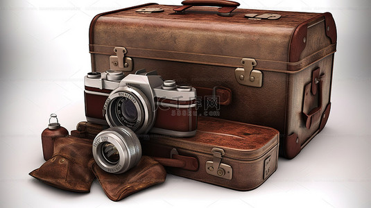 复古棕色手提箱相机和 3D 渲染护照
