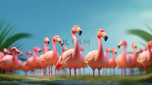 异国情调的热带鸟类字符 3D 插图粉红色火烈鸟凝视前方
