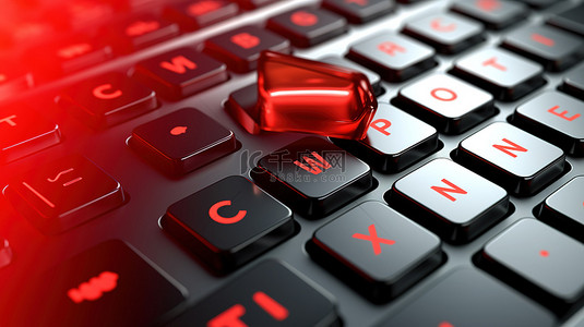 笔记本电脑键盘上的红色内容按钮描绘工作概念的 3D 渲染