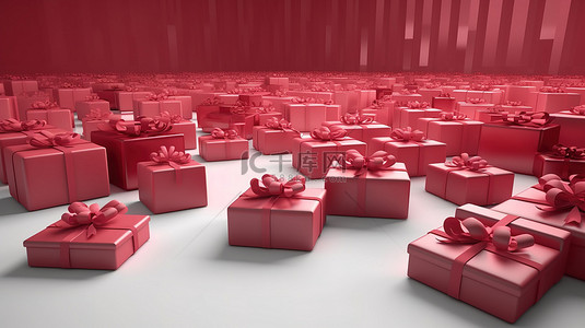 单色喜庆背景图片_实心单色红色房间 3D 渲染地板上的一系列喜庆红色礼盒