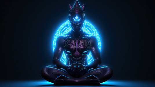 冥想背景图片_莲花姿势的网络神头的 3D 插图，装饰着未来科幻风格的霓虹灯光环