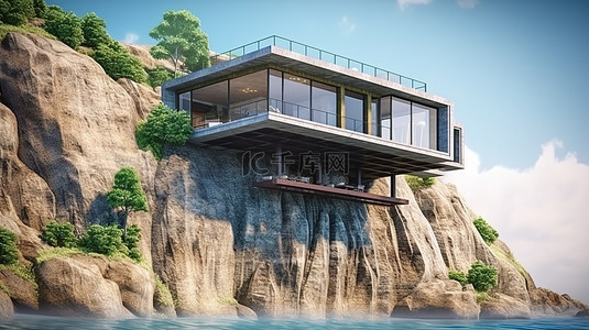 建筑杰作 坐落在山崖上的海滨别墅的令人惊叹的 3D 渲染