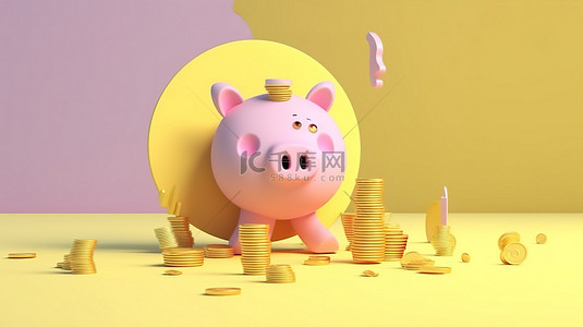 卡通风格的存钱罐和硬币的 3D 插图是金融投资和储蓄的象征
