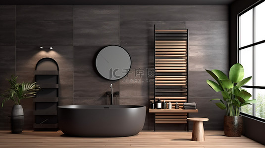水疗风格浴室的 3D 渲染，配有灰色和棕色瓷砖墙镜和配件