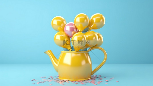 背景中带有淡蓝色气球的黄色喷壶的 3D 渲染插图