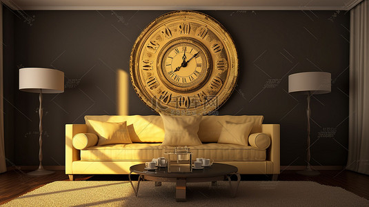 永恒经典的 3D 室内设计，配有沙发时钟和桌子