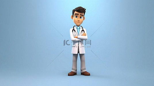 聪明的医生卡通人物穿着制服和听诊器从角落凝视 3d 渲染