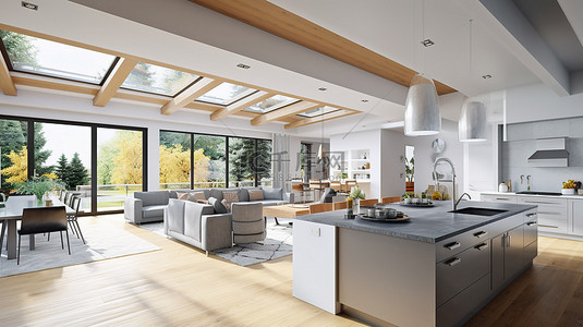 豪华新住宅中令人惊叹的互联起居和厨房空间，迷人的 3D 效果图