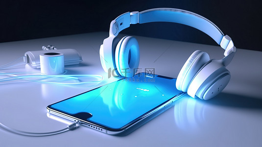 具有白色空白屏幕蓝色耳机和旋律符号的智能手机的 3d 渲染