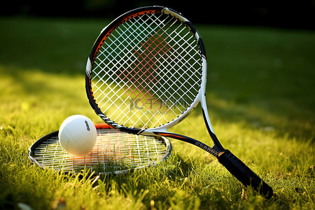 羽毛球背景图片_羽毛球拍和带有梭子的球拍和橙色球放置在草坪上