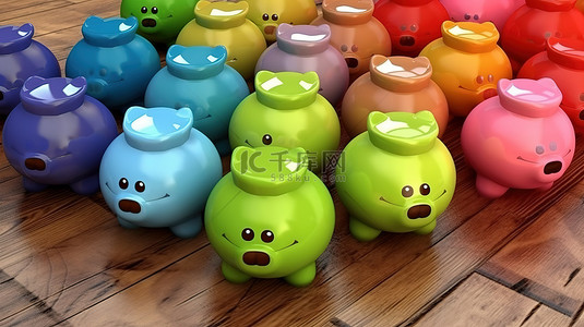 各种存钱罐色彩缤纷，尺寸多样，预算友好 3D 渲染