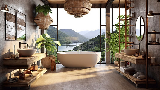 自然灵感阁楼风格浴室的 3D 渲染