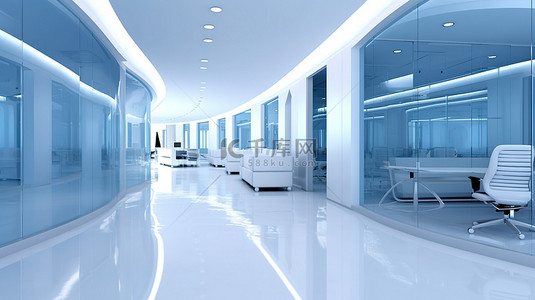 用蓝色玻璃和白色对当代企业工作空间进行完美逼真的 3D 描绘