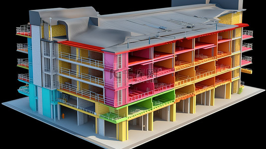 蓝图绝缘层和能源效率图表在 3D 建筑横截面渲染中公开