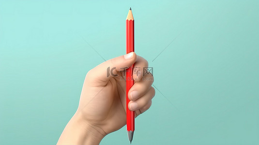薄荷背景的 3D 渲染，带有商业卡通模型和手持红铅笔的手