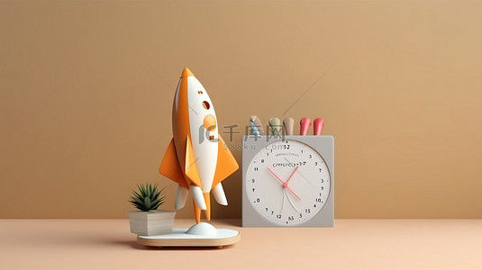 日历模型上火箭和闹钟的 3D 插图，具有充足的复制空间