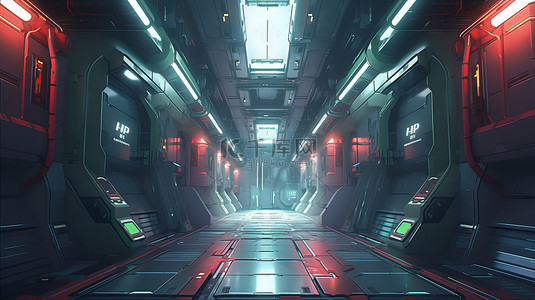 科幻朋克背景图片_科幻插图霓虹灯发光背景在太空飞船走廊渲染 3d