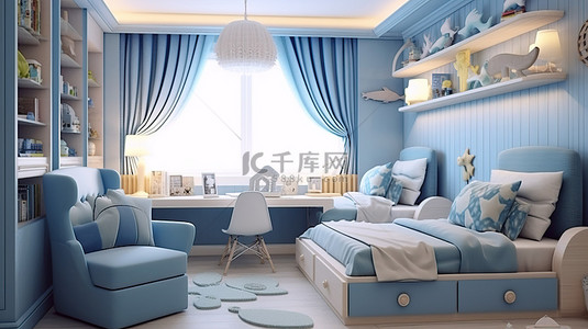 海洋主题儿童房设计，适合两个孩子，以蓝色调增强，两张床和一张 3D 渲染的米色沙发