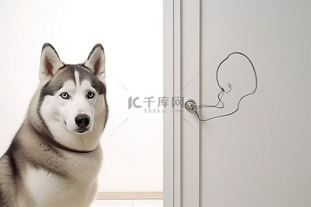 一只哈士奇狗正在等待她的主人进门
